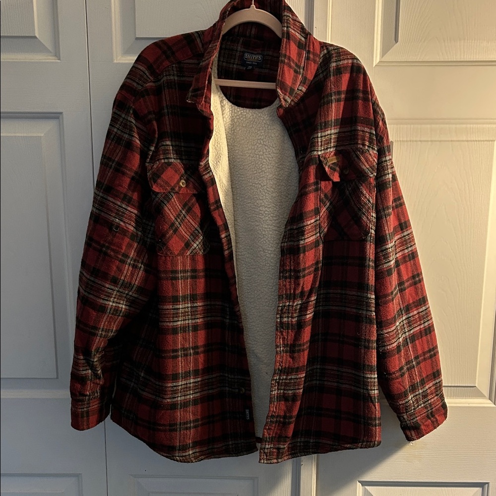 Red and Black Plaid Jacket with Cream Sherpa Lining